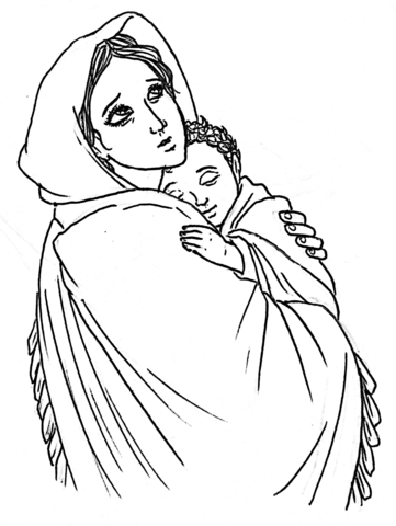 Mary Holding Baby Jesus On Their Escape To Egypt Coloring Page